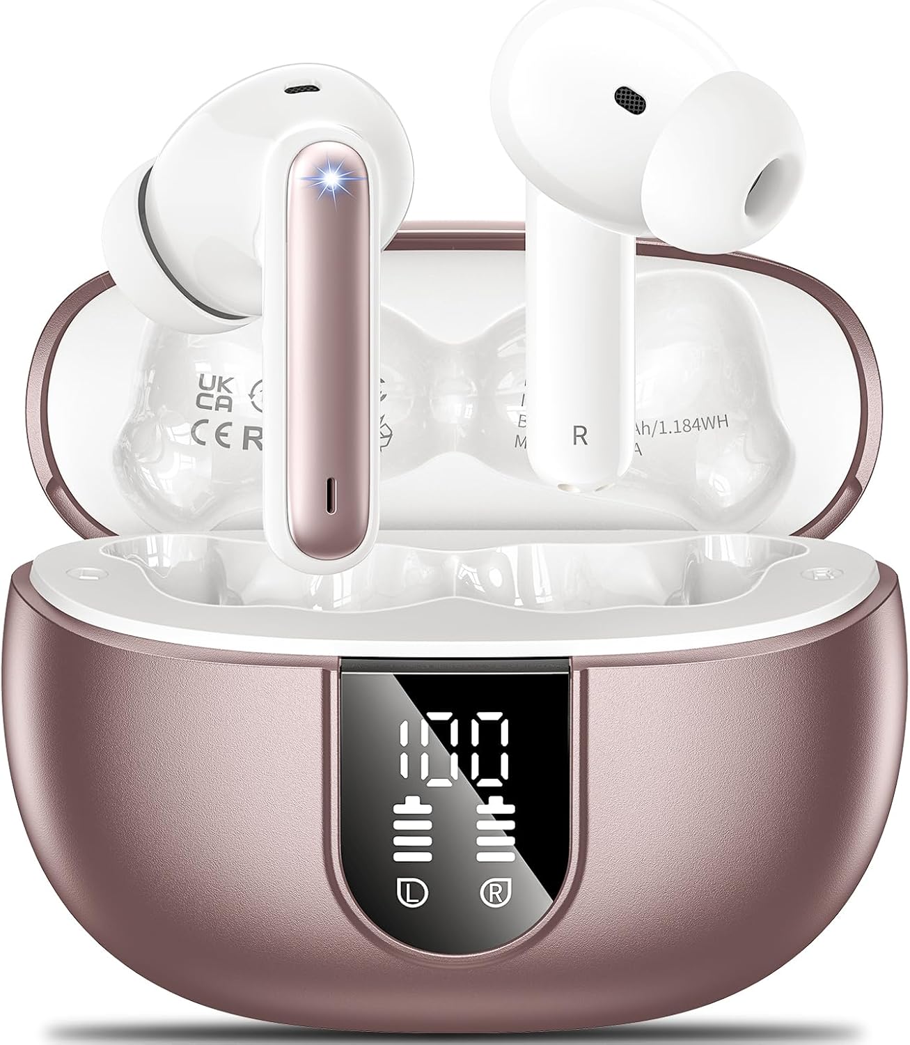 Aoslen Wireless Earbuds 2024 – Bluetooth 5.3 HiFi Stereo Headphones with ENC Noise Canceling Mic, 42H Playtime, LED Display, Pink In-Ear Earphones for Android & iOS